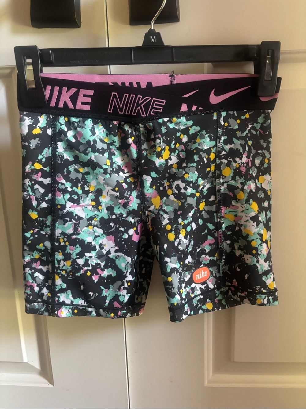 Nike Black Paint-Splatter Bike Shorts with Pink Waistband
